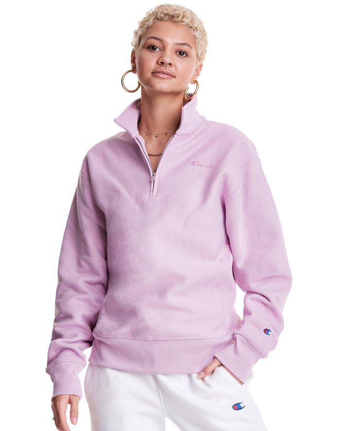 Champion Womens Sweatshirt NZ - Oversized Reverse Weave 1/4 Zip Script Logo Pink ( 9041-BGZWE )